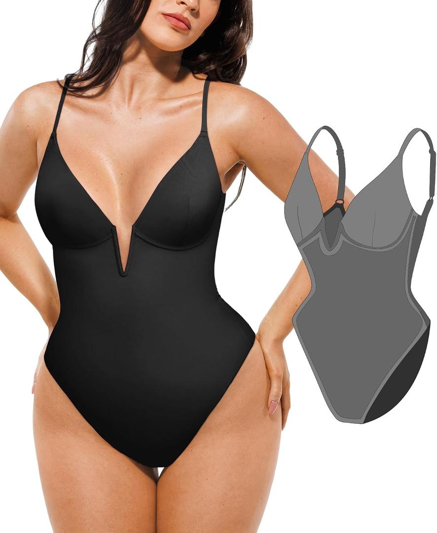 Popilush Tummy Control Swimsuits for Women Shapewear One Piece Deep V Neck Underwire Swimsuit Summer Beach Pool Vacation (Black, S)