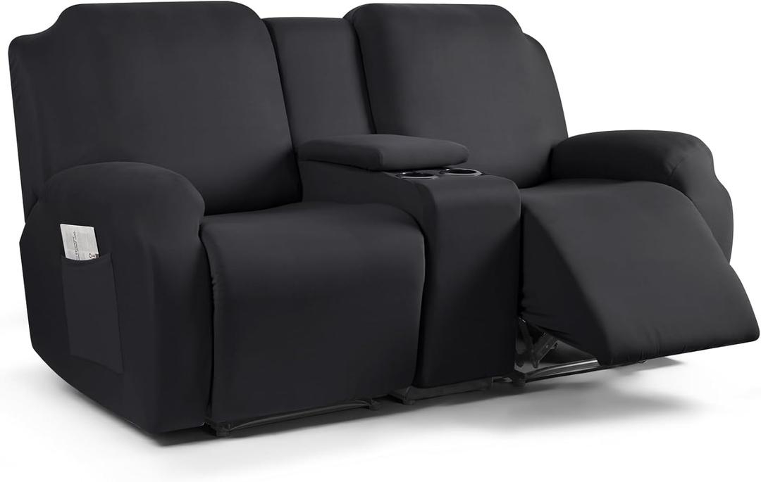 TAOCOCO Reclining Loveseat with Middle Console Slipcover, 4 Piece Polyester Fabric Stretch Loveseat Reclining Sofa Covers (Black, 2 Seat Recliner Cover with Console)