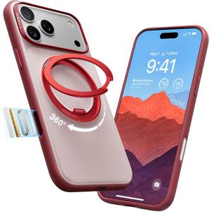 TORRAS 360 Magnetic Stand for iPhone 17 Pro Case, Ostand 3.0[Fit for MagSafe][4X Mil-Grade Shockproof] Rotatable Kickstand Protective Cover, Camera Control Button, Translucent Burgundy Red, O3 Fitness
