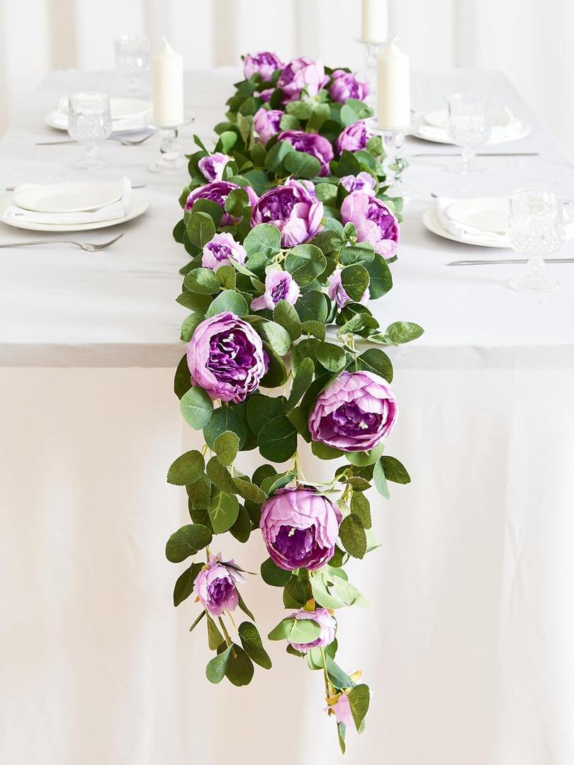 MISSPIN 2pcs Artificial Flowers Garland Spring Eucalyptus Garland Vintage Fake Flower Peony Rose Vine Greenery Decorative Wall Hanging Plant for Wedding Arch Door Arrangement Party Decor