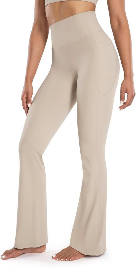 Women's Workout Flare Yoga Pants with Pockets High Waisted Bootcut Leggings Tummy Control 30'' (Khaki) S