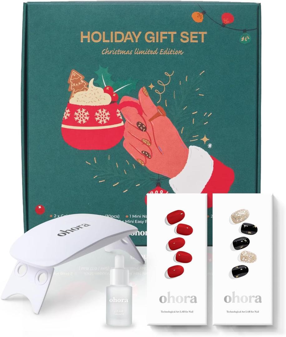 ohora Semi Cured Gel Nail Strip (2025 Christmas Gift Set (Limited Edition)) - Works with UV/LED Lamps, Salon-Quality, Long Lasting, Easy to Apply/Remove - Includes 2 Prep Pads, Nail File, Wooden Stick