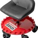 Traxion 2-230 Monster Rolling Padded Mechanic Stool Seat Garage Shop Roller Work Chair with Wheels and Tool Tray, Heavy-Duty 400-lb Capacity, All-Terrain 5" Casters, Black Red