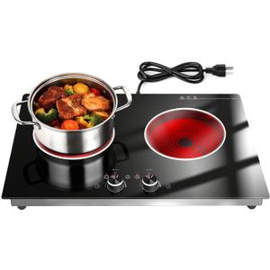 2 Burners Electric Cooktop 24 Inch, 1800W Knob Control Electric Stove Top Burner Hot Plate, 110V-120V Bulit-in & Countertop Ceramic Radiant Stove with Timer, Multi-Ring Control