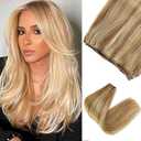Smavida Blonde Hand Tied Weft Hair Extensions Golden Brown with Blonde Highlights Human Hair Sew in Hair Extensions Silky Straight Double Weft 12/613 Blonde Balayage Bundles for Sew in 14Inch