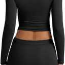 YFANG Women's Sexy Two Pieces Pencil Mini Skirt Set Long Sleeve Crew Neck Crop Top Short Bodycon Skirt Outfits (Black, M)