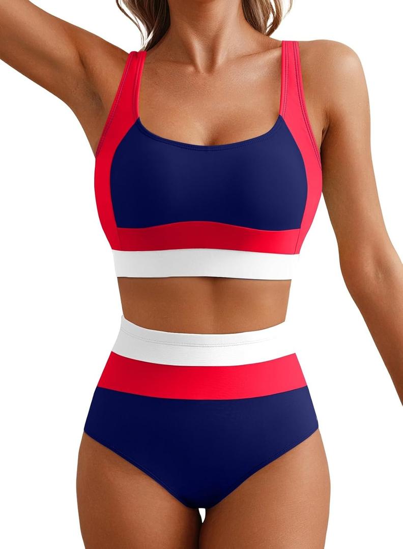 Herseas Women 2 Piece High Waisted Bikini Sets Colorblock Sporty Swimsuits Wide Straps Bathing Suit 2026 Summer Swimwear, Blue/Coral/White, Size L