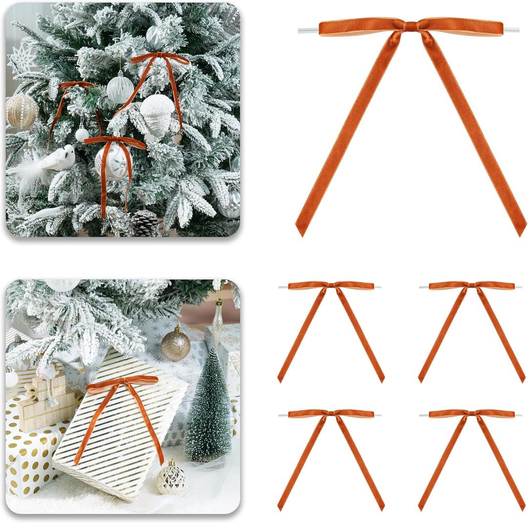 Copper Velvet Ribbon Christmas Bow 5 x 7 Inches Premade Copper Bows for Christmas Tree Hanging Decorations Gift Wrapping Wreaths Crafts Outdoor Indoor Home Decor Wedding, Pack of 24