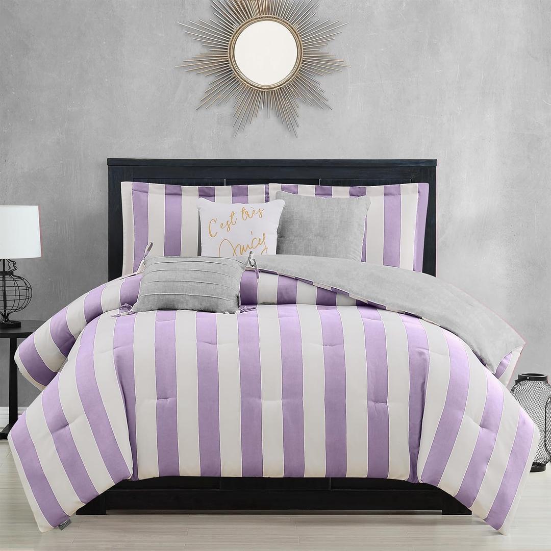 Juicy Couture Cabana Stripe Reversible Bedding Set - Queen/Full Size - Lavender/White Stripe Print  6 Piece Set  Includes 1 90" x 90" Comforter, 3 Decorative Pillows, 2 Shams