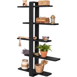 Pinkunn Floating Shelves for Wall, 5 Tier Wall Mounted Shelf Unit with 19.7 Inch Pine Wood Shelves and Black Frame, Decorative Plant Photo Book Display Shelf for Living Room Bedroom Bathroom, 39.76 inches x 6.3 inches x 6.3 inches