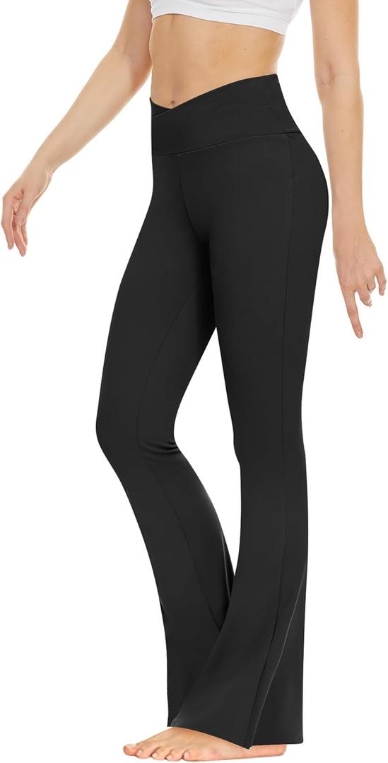 ZOOSIXX Flare Leggings for Women, Crossover High Waisted Black Workout Yoga Pants with Pockets S