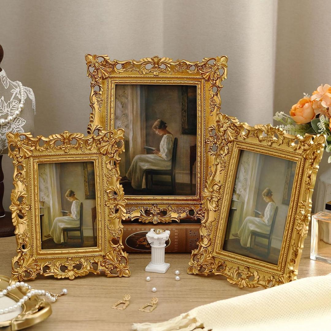 Wonderjune 3 Pcs Vintage Picture Frames Antique Set Baroque Ornate Gold Arched Photo Frames with Glass, Tabletop or Wall for Home Decor Photography Props Gifts(4x6, 5x7, 6x8 Inches, Luxury)