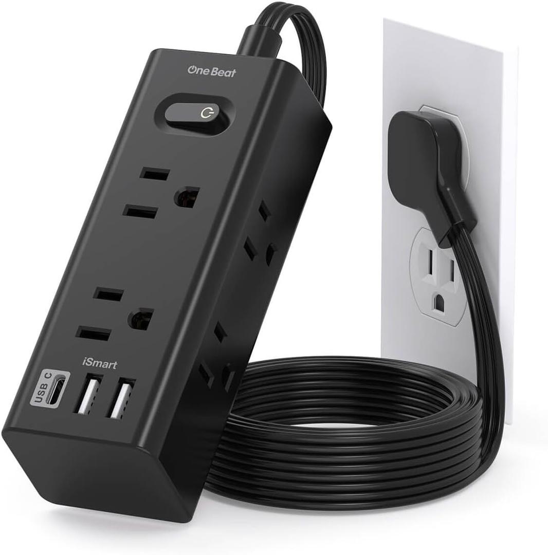 5Ft Extension Cord with Multiple Outlets, Flat Plug Power Strip Surge Protector with 5 Ft Long Cord, 6 Outlet 3 USB Ports (1 USB C), Multi Outlet Wall Plug for Travel, Dorm Room Essentials-Black