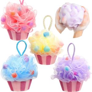 Reallnaive 4 Pcs Cupcake Bath Loofah Sponge Cartoon Body Scrubber Loofah Soft Mesh Exfoliating Bath Scrubber Shower Ball for Shower Sponge Gifts Exchange Birthday Party