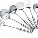 Cooking Utensils Set Stainless Steel Kitchen Metal Serving Utensils Set of 6 Pcs-Wok Spatula Ladle Set, Slotted Skimmer, Pasta Server, Serving Spoon, Slotted Spatula Tunner,Dishwasher Safe