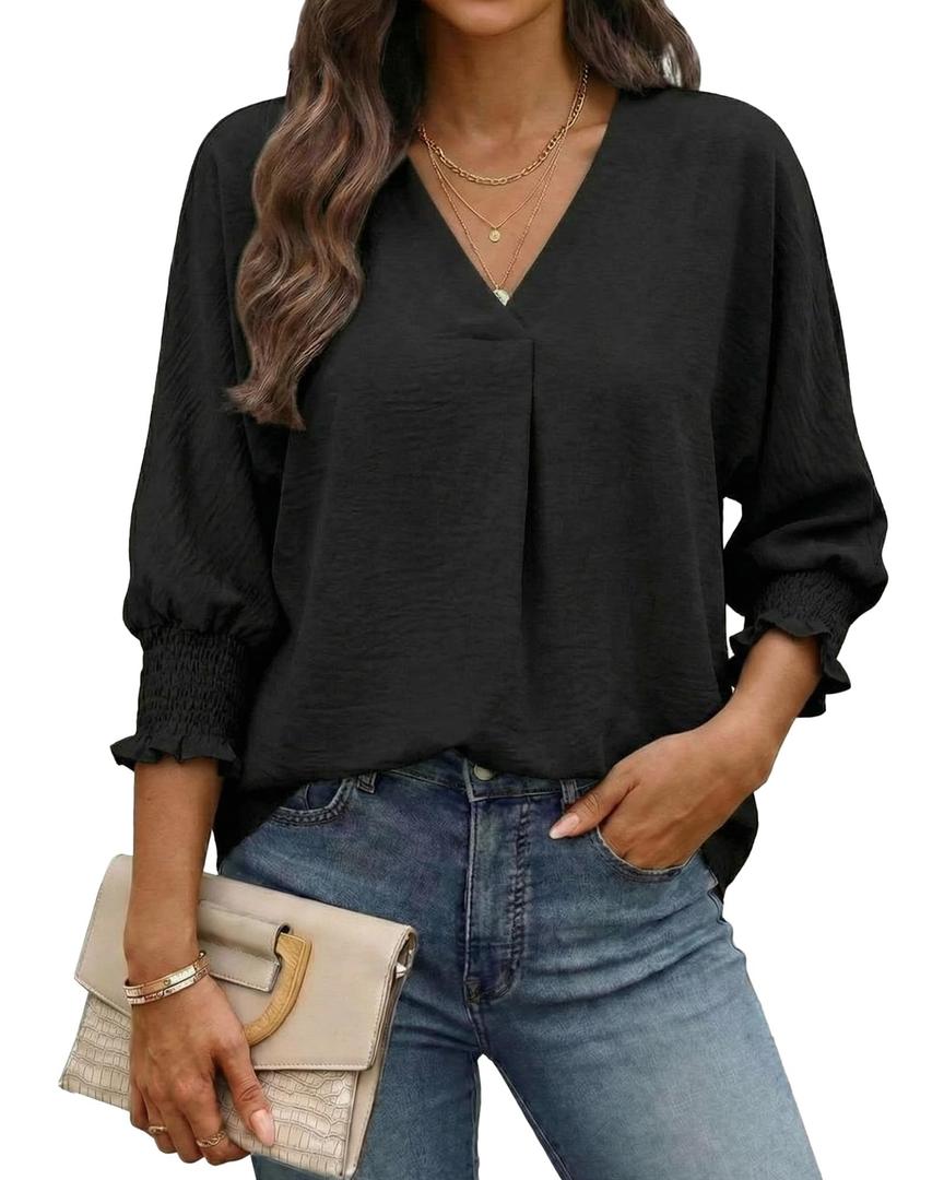 Cuffbow Women Blouses Dressy Casual V Neck 3/4 Length Sleeve Tops Business Work Blouses Office Tunic Shirt with Smocked Cuffs(Black,Medium) (Black, M)