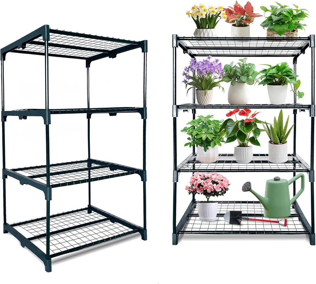 2 Pack Plant Stand Indoor Plant Shelf Outdoor,4 Tier Metal Greenhouse Shelves for Multiple Plant Pot Holder, Waterproof Greenhouse Shelving for Living Room Patio Home Decor for Gardening, 27.2 inches x 19.3 inches x 42.9 inches