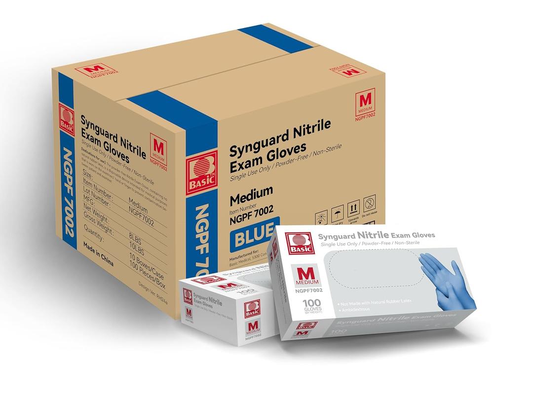 Basic Medical Blue Nitrile Exam Gloves - Latex-Free & Powder-Free - NGPF 7002 (Case of 1,000), Medium (Blue, M)