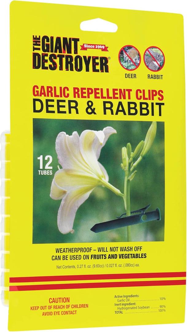Giant Destroyer 700 Garlic Rabbit and Deer Repellent Clips - 12 Per Pack - for Garden, Farms, Trees & Backyard - Harmless to Plants & Animals, Green