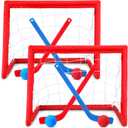 Leyndo 2 Sets Kids Mini Hockey Set Includes 2 Hockey Nets 2 Mini Hockey Goal 4 Plastic Mini Hockey Sticks 4 Foam Balls Knee Hockey Goal Hockey Ball for Kids Indoor Floor(Bright Color)