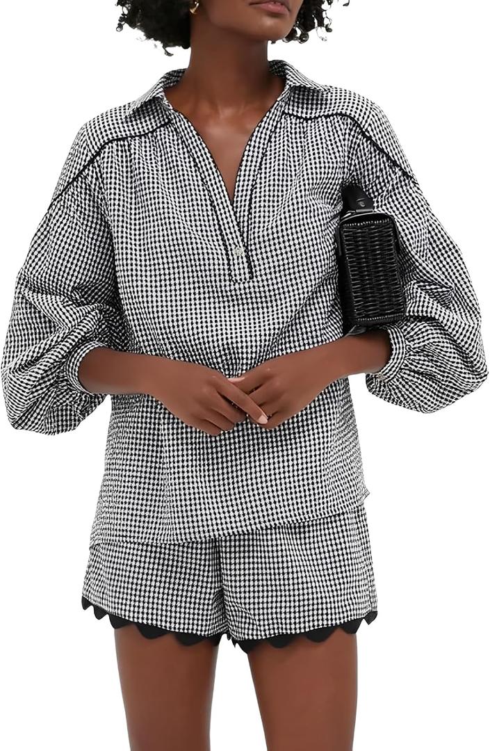 VAOYIU Two Piece Sets for Women Casual Summer Gingham Outfit Puff Sleeve Crew Neck Top Matching Shorts Set with Scalloped Hem S