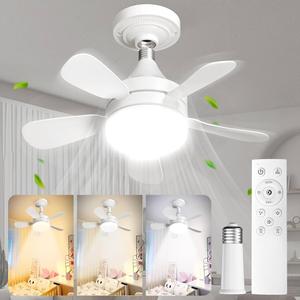 Socket Ceiling Fans with Lights and Remote - Socket Fan light with Dimmable Led Light Bulb, 3 Colors 3000K-6500K, 2000 Lumens, Screw in Small Ceiling Fan for Bedroom Living Room Kitchen Garage Indoor