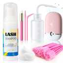 Buqikma Lash Shampoo Kit, Eyelash Extension Cleanser, Pink, 2.02Fl oz | Includes USB Rechargeable Lash Fan, Cleansing Brush, Rinse Bottle & 50 Mascara Wands for Complete Lash Aftercare