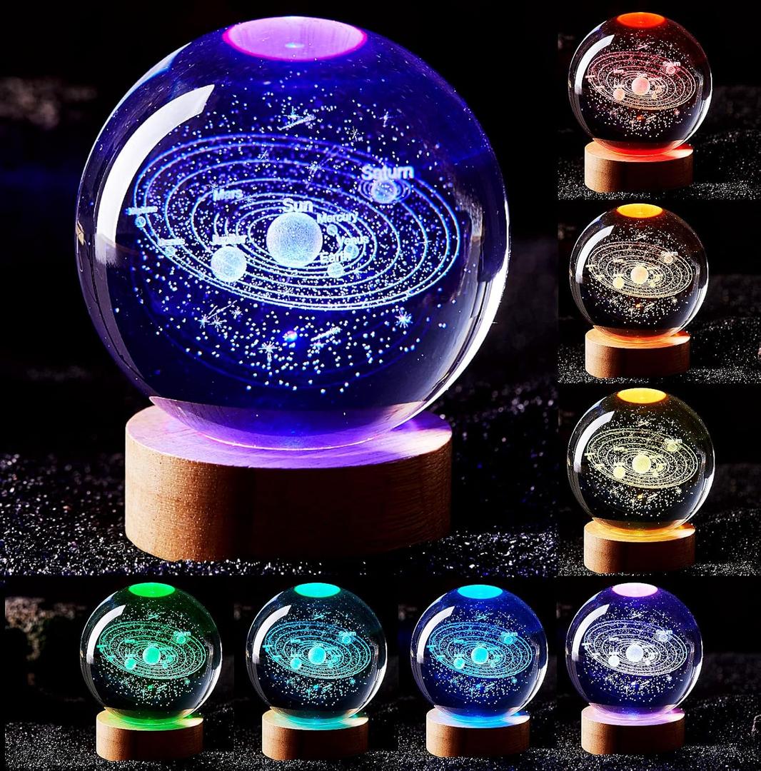3D Solar System Crystal Ball Lamp,3.15 Inch K9 Crystal Ball Night Light with Wooden Base,16 Colors Changing with Remote Control,3D Planet Laser Engraving Holographic Light (Solar System)