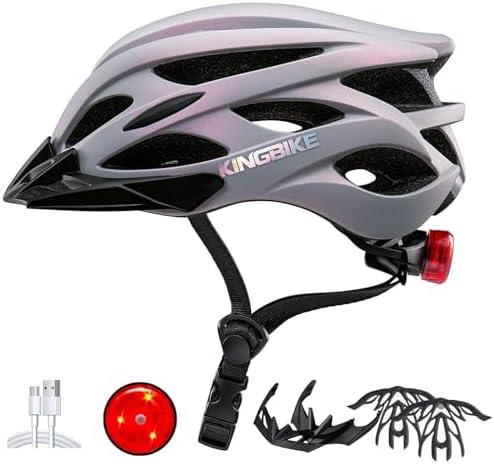 KINGBIKE Bike Helmet for Adult Men Women Youth Road Commute Mountain Cycling Helmets with USB Rechargeable Light Replaceable Padding and Visors Lightweight 20.4-23.6in