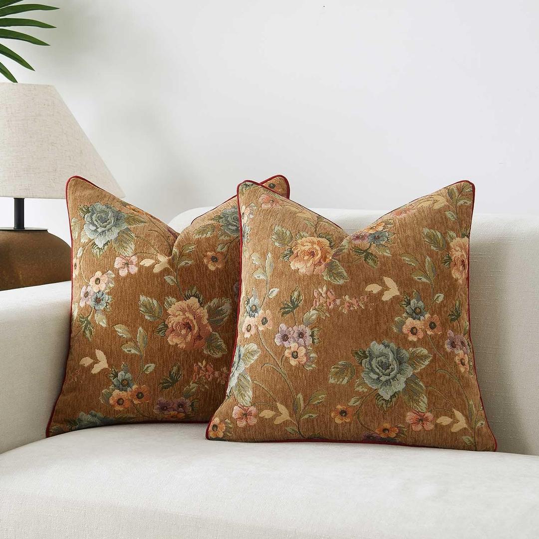 JUSPURBET Decorative Pillow Covers 18x18 Inch Chenille Vintage Floral Throw Cushion Covers with Contrast Piping Soft Durable for Couch Sofa Living Room,Mustard