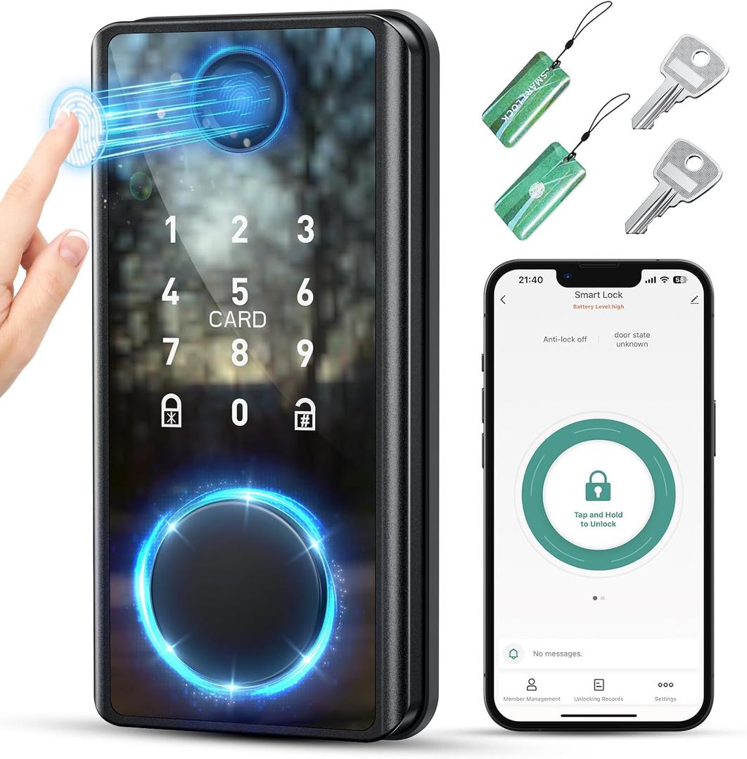 Keyless Entry Smart Deadbolt Lock Keypad Fingerprint Touchscreen & App Control, Smart Door Lock, Easy Install for Home/Office, Auto-Lock