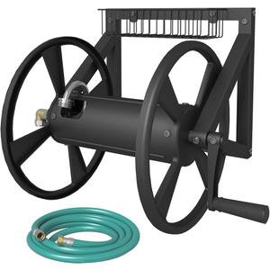 Triangle Wall Mounted Garden Hose Reel, Outdoor Heavy-Duty Water Hoses Holder Winder, Holds 125 Ft of 5/8-Inch Hose, with 3.9 ft Leader Hose, Brass Fitting, Storage Basket for Yard, Black