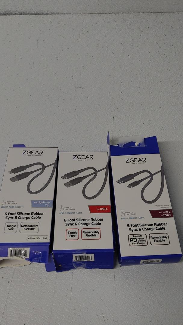 Zgear 6Ft Silicone Rubber Charger & Sync Cables, Pack Of 3 (For Lightning Tip, For USB and For USB C To USB C)  