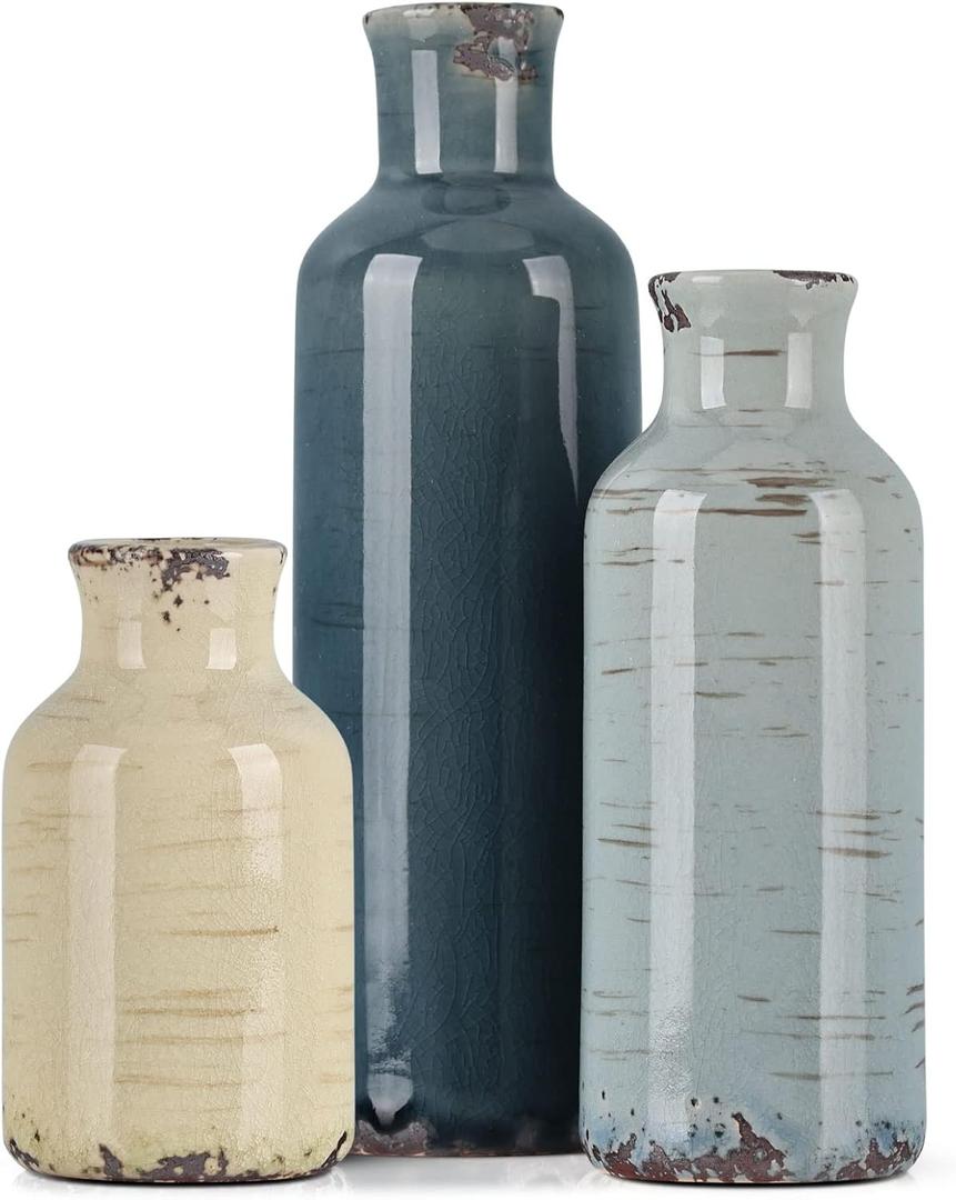 Multicolor Ceramic Vase Set of 3 - Coastal Rustic Farmhouse Decor Flower Vases for Shelf, Dining Room Table, Fireplace Mantel, Living Room, Coffee Table, Tabletop, Kitchen Cabinet, Entryway Decoration (Blue Grey Beige)