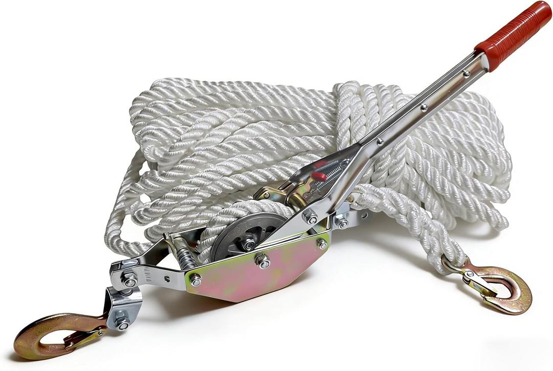 3/4 Ton (1500 lbs) Come Along Winch Rope Puller, 100'x0.6" Heavy Duty Power Ratchet Rope Hoist Winch Puller Tool for Stump Pulling Tree Felling Trailer Boat Moving Construction Materials Securing