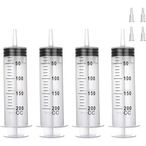 4 Pack 200mL Syringes with Tip Adapter, Large Plastic Garden Syringe for Liquid, Scientific Labs, Pet Feeding, Irrigation,Oil or Glue Application