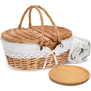 Picnic Basket with Blankets and Bamboo Plates Picnic Supplies Set Basket with Lid and Handle Wicker Picnic Basket Sturdy Woven Body with Washable Lining for Camping (White)