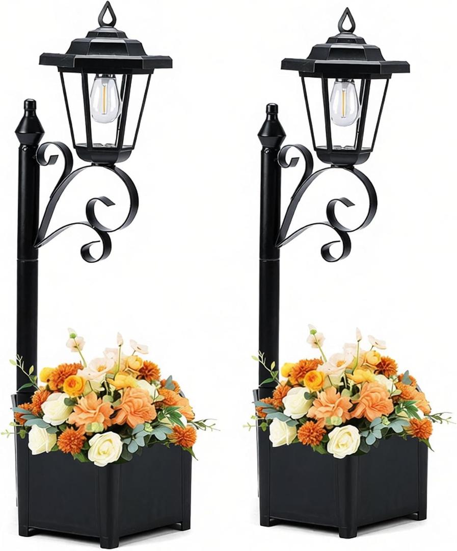 2 Pack Solar Floor Lamps with Planter (2-in-1 Design), 29.5" Outdoor LED Garden Lights - IP44 Waterproof, Warm White Auto-On at Dusk, Easy Install for Lawn, Patio, Porch, Yard & Pathway Decor
