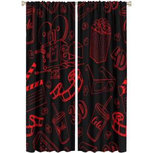 Movie Theater Curtains Vintage Video Camera Watching Movie Glasses Clapperboard Tickets Popcorn Drink Black Red Art Print for Living Room Bedroom Decor Rod Pocket Window Drapes 2 Panels 42x63in (21"W x 63"L (Pack of 2), Style-1)