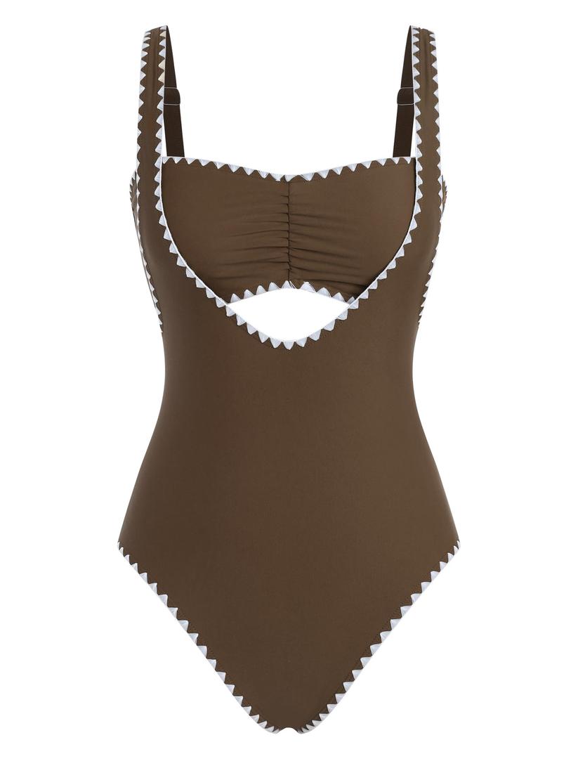 ZAFUL Bikini Sets for Women Color Block Ruched Bandeau Bikini V Neck Tummy Control Swimsuit Romper 2 Piece Bathing Suit 0-Brown S (S)