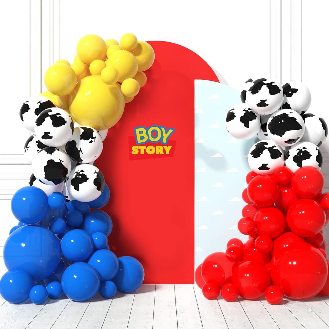 HOUSE OF PARTY Boy Story Balloons Arch - 110 Pcs | Toy Inspired Story Balloons Garland Red, Yellow, Blue and Cow Print for Baby Shower Boys Birthday Party Decorations