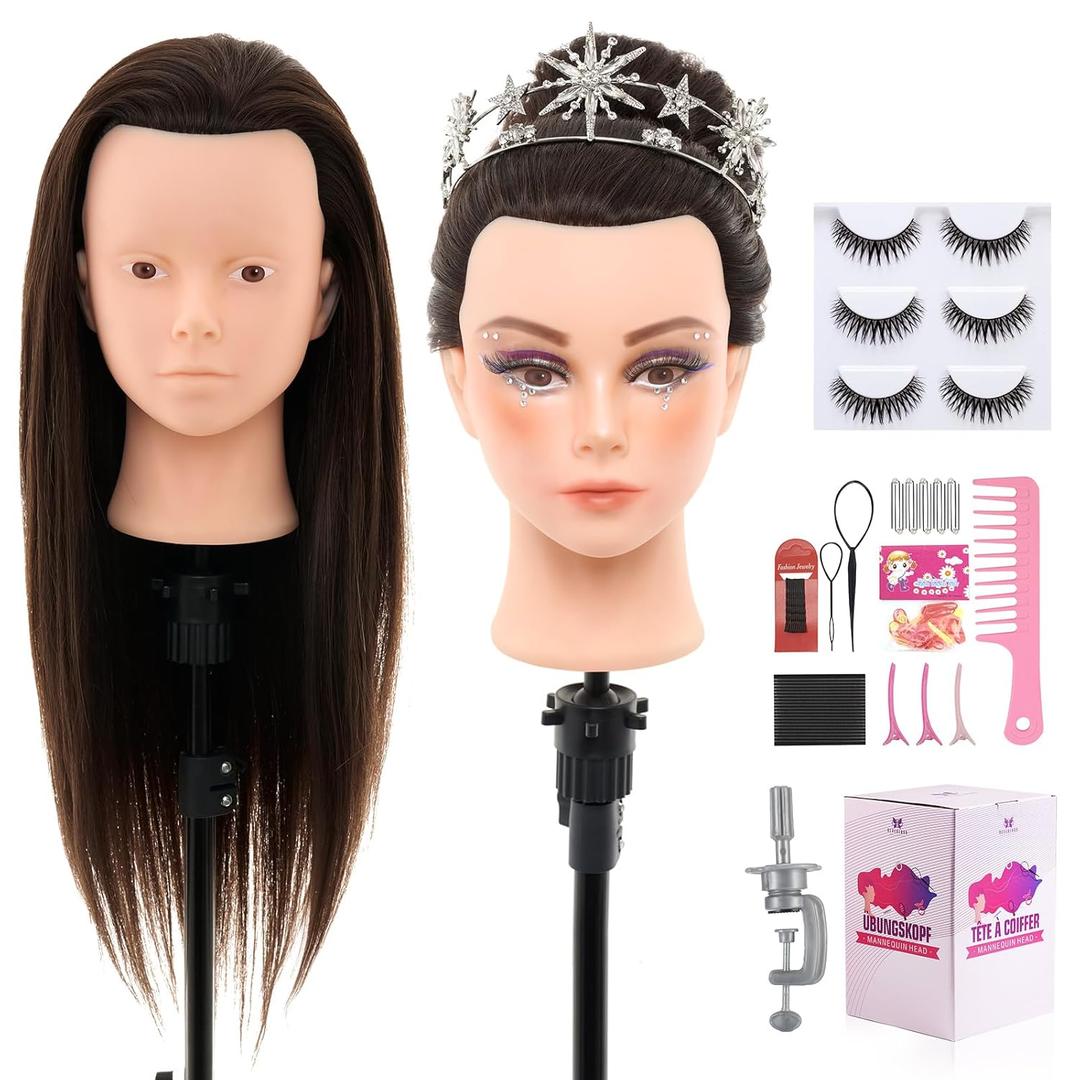 28Inch 80% Real Hair Mannequin Head - Cosmetology Mannequin Head with Hair for Makeup Braiding Makeup Curling Cuting, Make up Doll Head for Styling with Table Clamp hair Styling Set (Dark Brown)
