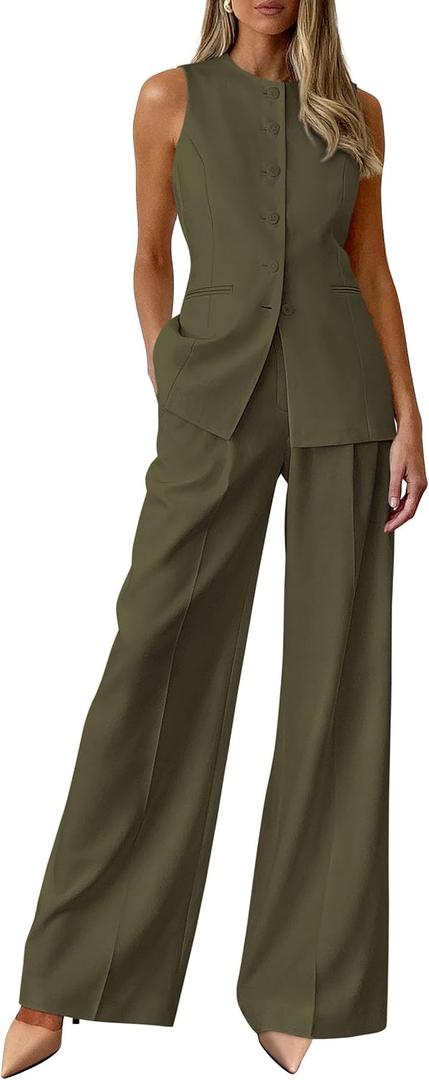 PRETTYGARDEN Women's 2 Piece Sets Business Casual Outfits,Army Green,XXL