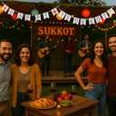 Marsui 2 Pcs Happy Sukkot Wooden Beads Garland Rustic Farmhouse Banner Flag for Sukkot Decorations Beaded for Shelf Display Fireplace Wall Jute Jewish Holiday Party Supplies