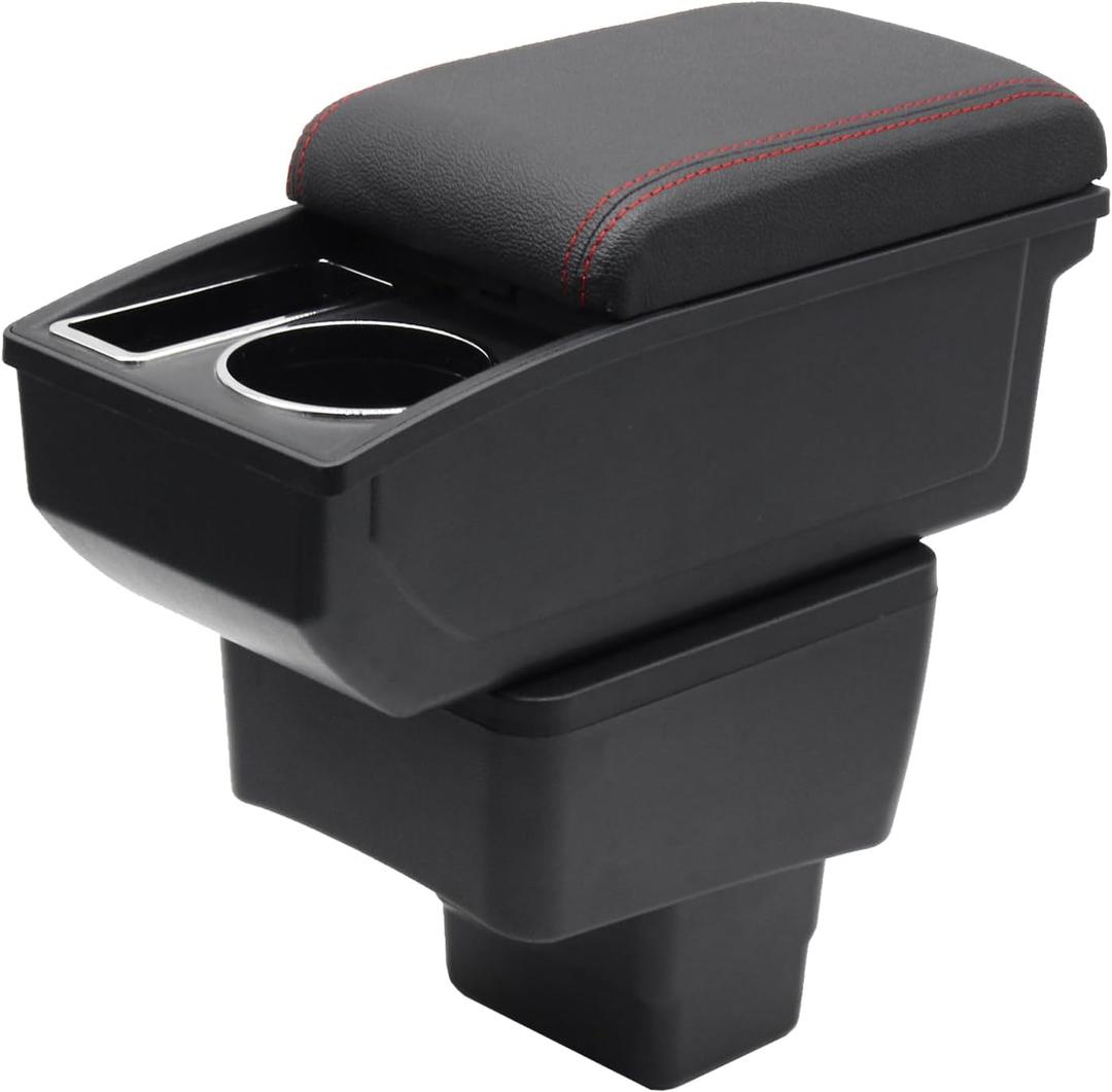 Car Armrest Box for Mazda CX-3 2015 2017 2018 Auto Accessories Center Console Leather Arm Rest Double-Layer Storage Space with Cup Holder (Black with Red Thread)
