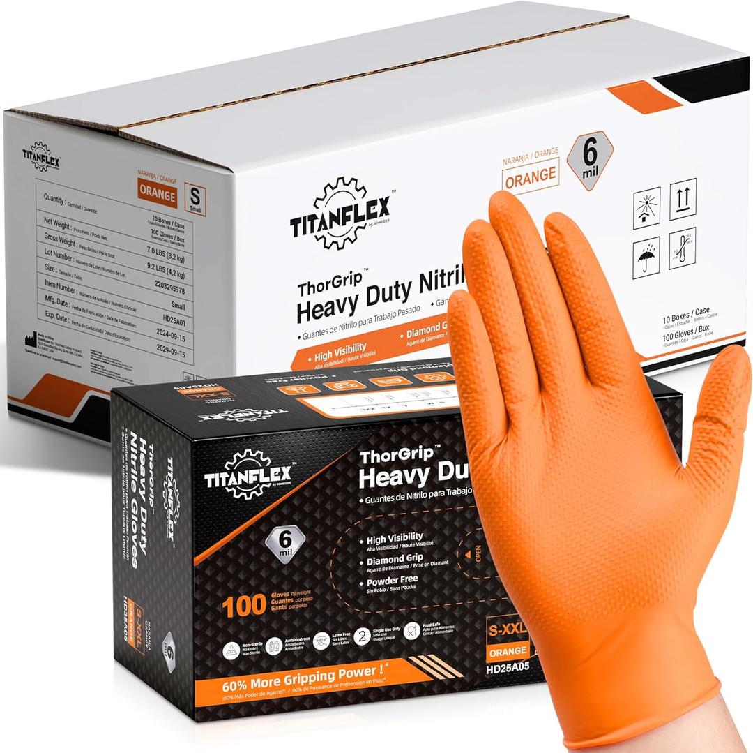 TitanFlex Heavy Duty Orange Industrial Nitrile Gloves with Raised Diamond Texture, Latex Free (6mil/8mil) (Medium, 05 6mil (1000ct))