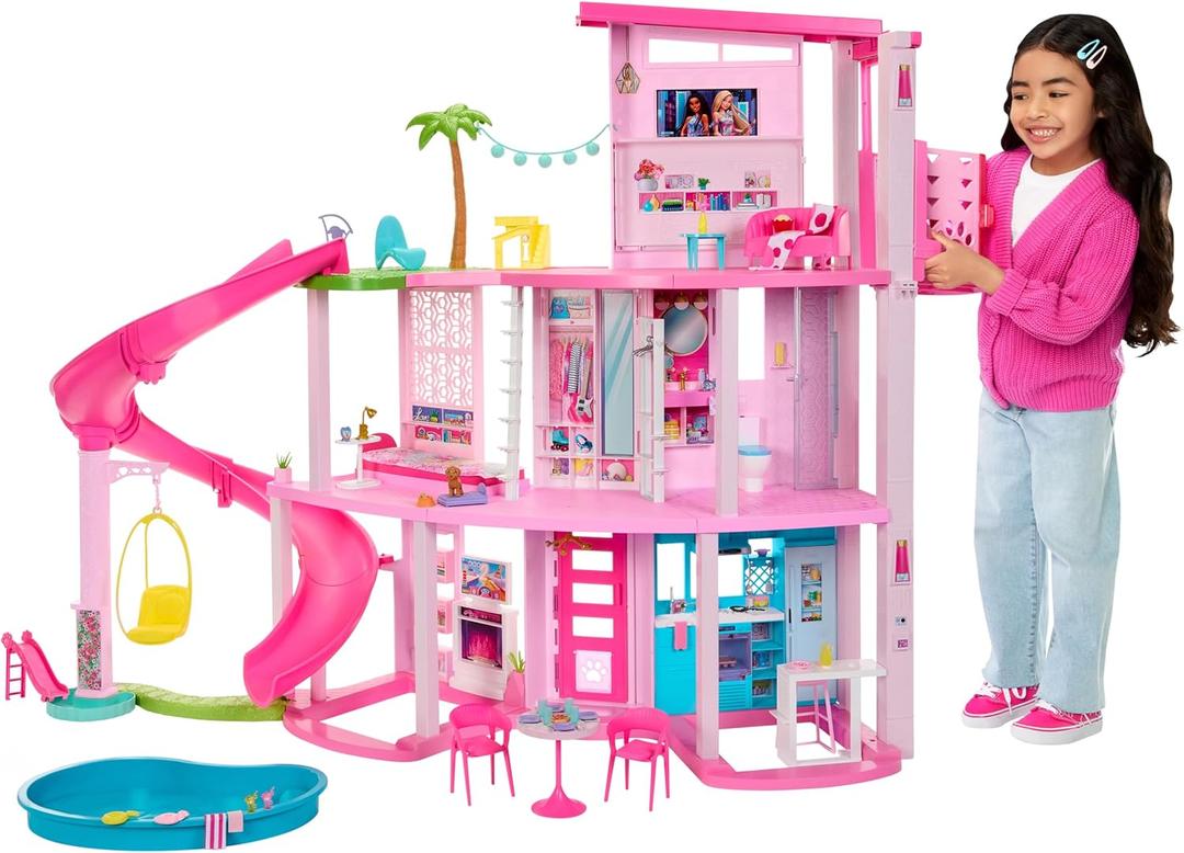 Barbie Dreamhouse, Pool Party Doll House with 75+ Pieces and 3-Story Slide, House Playset, Pet Elevator and Puppy Play Areas, One Size