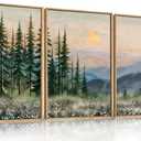 Boho Sunset Forest Framed Canvas Wall Art Set,Colorful Nature Landscape Green Pine Tree Wall Decor, Modern Watercolor Mountain Artwork for Living Room,Bedroom,Office-16 x24 x3