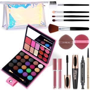 Makeup Set for Women Full Kit - 32 Colors Makeup Palette,5pcs Brushes Set, Mascara & Stamp Liquid Eyeliner, Eyebrow Pen, 2pcs Matte Liquid Lipsticks, 2 Powder Puff, 1 Cosmetic Bag Makeup Gift Set
