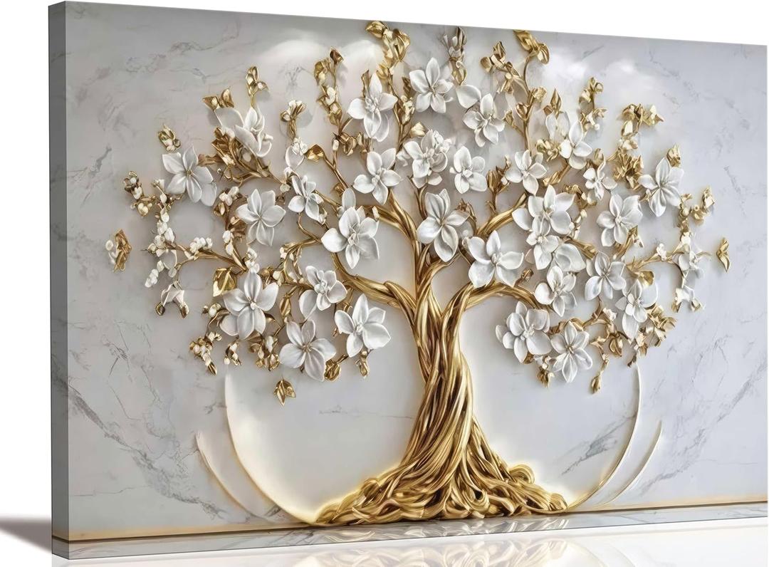 Tree of Life Canvas Wall Art Gold White Flowers Wall Decor Picture Natural Landscape Poster Print Artwork For Living Room Bedroom Office Paintings Decoration Prepare to hang 48x24in